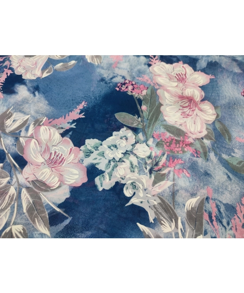 Niebieska elastyczna dzianina Jersey - białe i różowe kwiaty